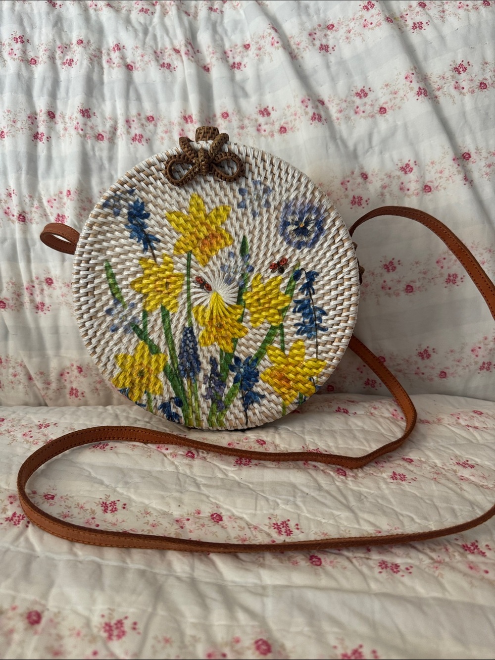 NWOT Handwoven Floral Round Crossbody Bag, Handpainted Floral